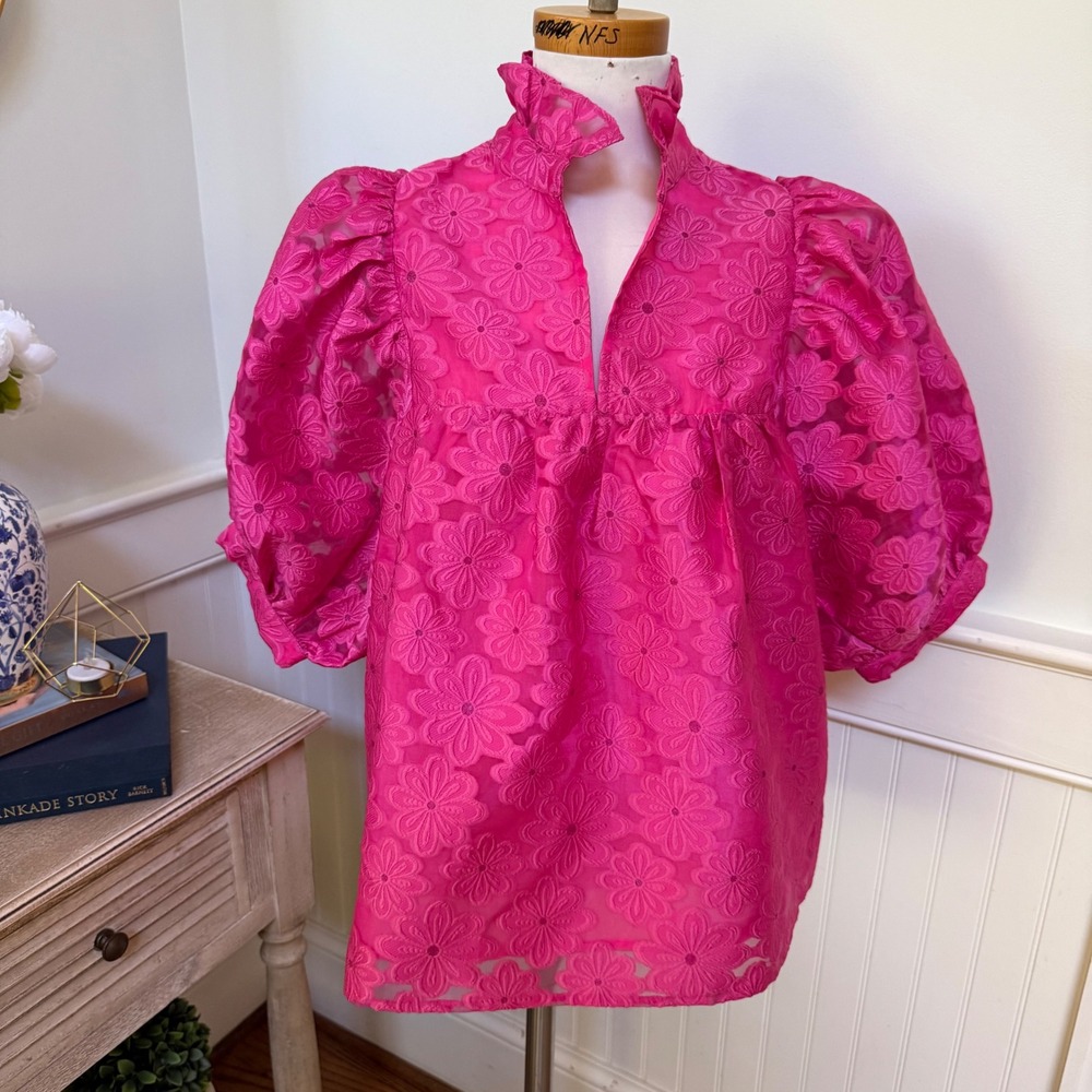 Jade Melody Tam Hot Pink Floral Organza Puff Sleeve Babydoll Blouse Top Small
